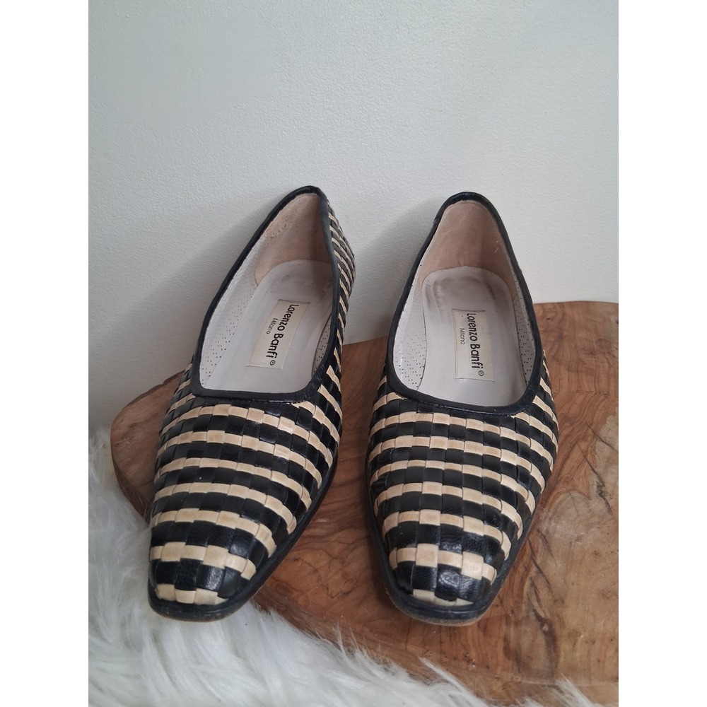 Lorenzo Banfi Milano Woven Leather Block Heel Pumps Black Cream Italy 36.5